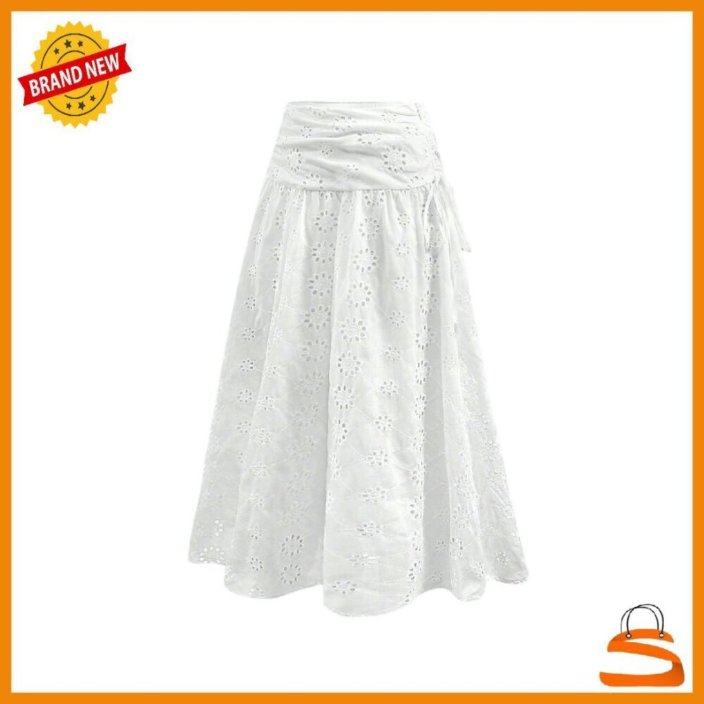 High Waisted A-Line Skirt with Eyelet Embroidery and Bow Tie